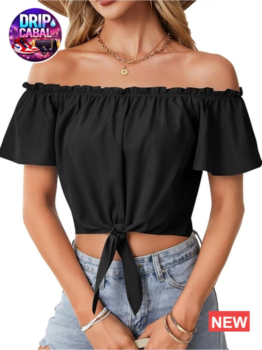Off The Shoulder Ruffle Tie Knot Front Blouse Crop Top
